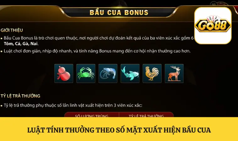 Luật tính thưởng theo số mặt xuất hiện bầu cua
