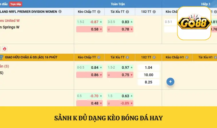 K Thể Thao GO88 Trải Nghiệm Cá Cược Thể Thao Đỉnh Cao 2 Sảnh K đủ dạng kèo bóng đá hay