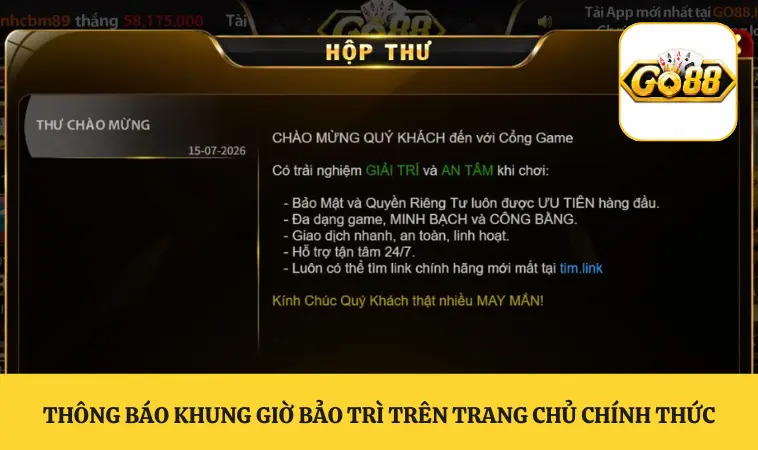 Thông báo khung giờ bảo trì trên trang chủ chính thức